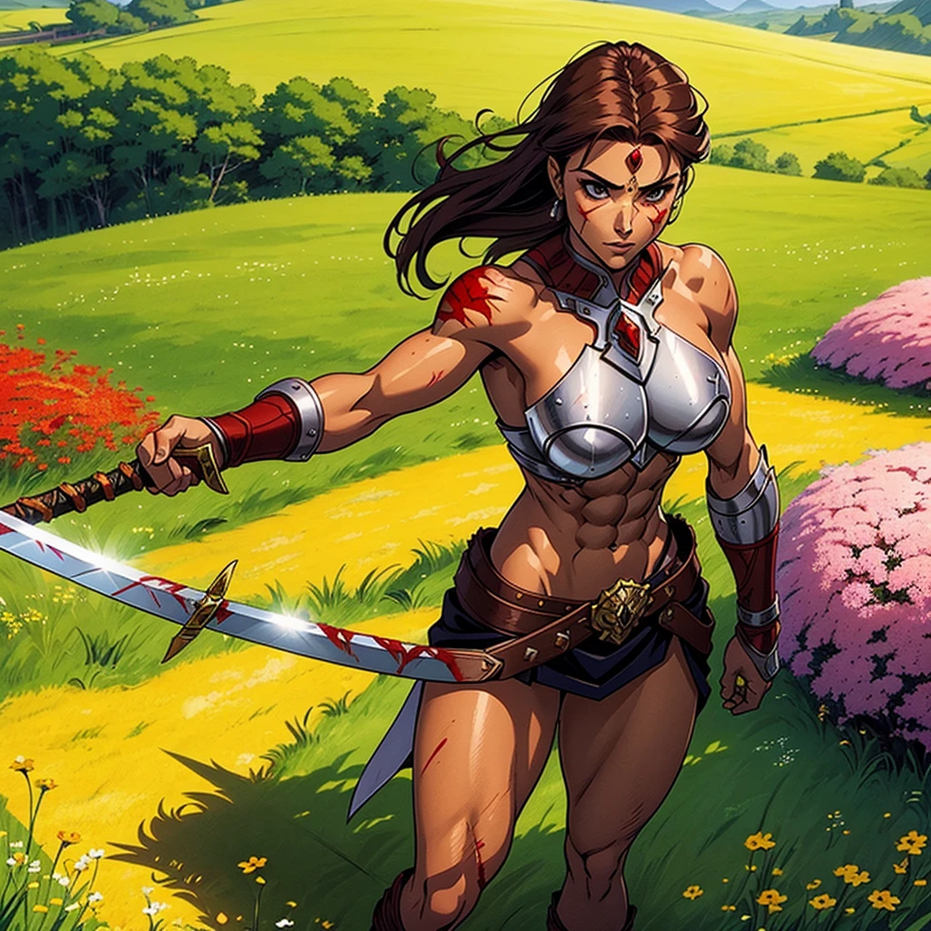 A gorgeous warrior woman of age30, skimpy armor, sword, toned abs, tanned skin, battle wounds with some blood, standing in flowery meadows, serene. Not overly muscular. Anime or Semi-Realistic style