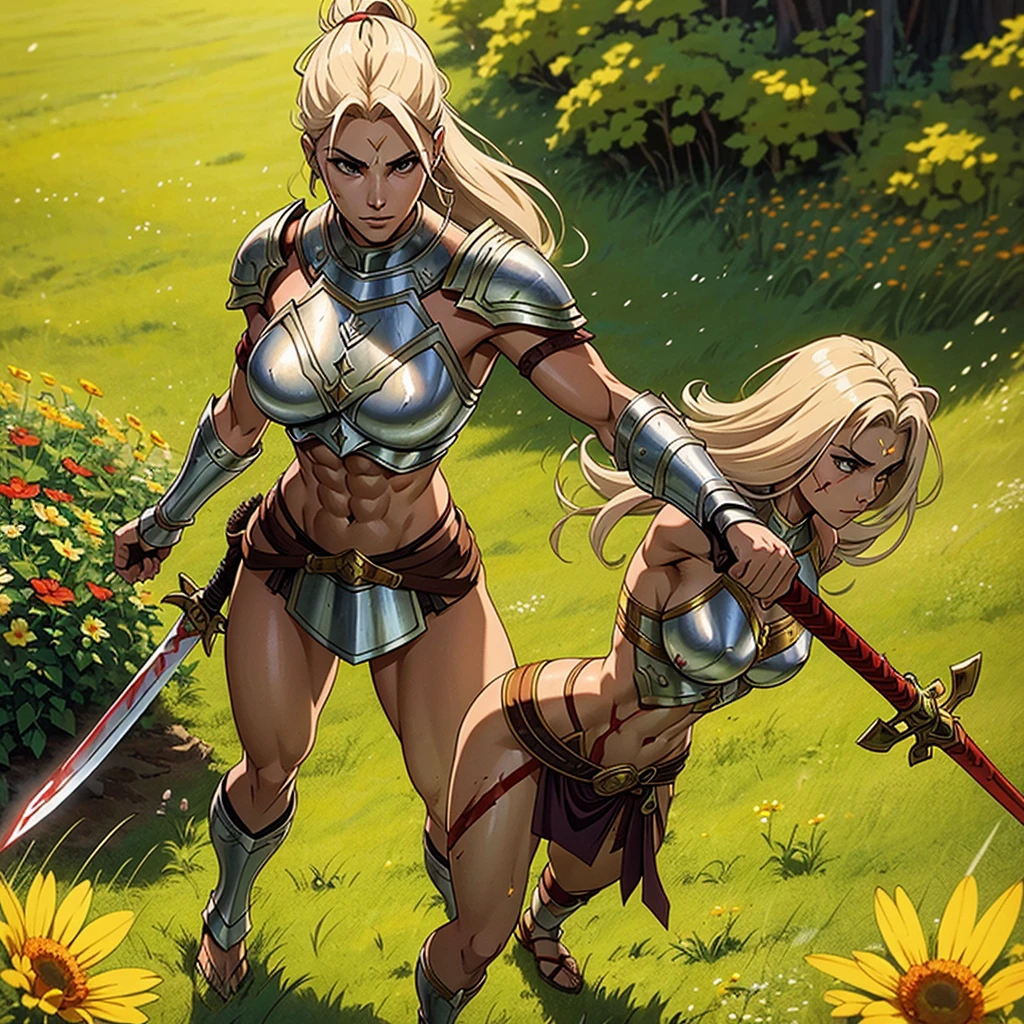 A gorgeous warrior woman of age30, skimpy armor, sword, toned abs, tanned skin, battle wounds with some blood, standing in flowery meadows, serene. Not overly muscular. Anime or Semi-Realistic style