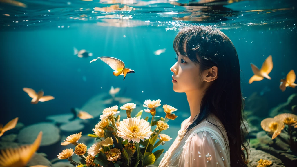 Photographed with Sony A6000 A beautiful woman turned into a fossil angelicales beautiful decadent sight、Gentle light、Water channels、subsurface、florals、krystal、Dark Fantasy