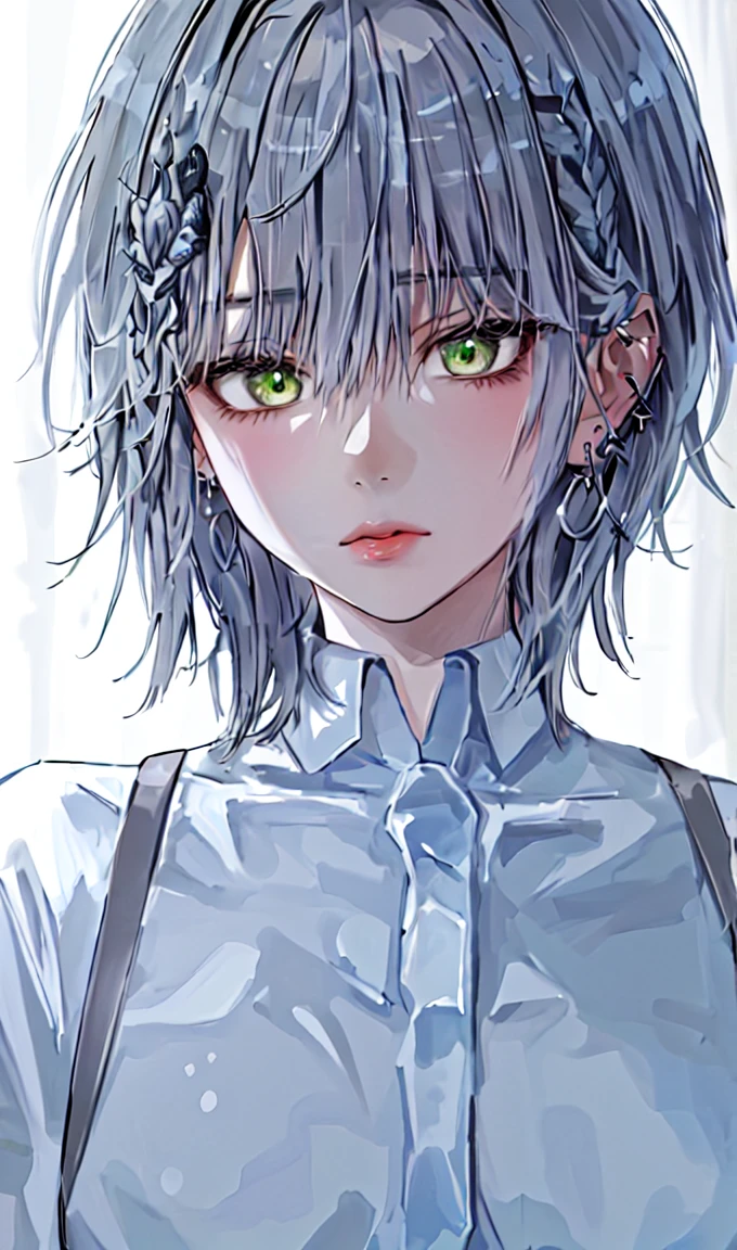 1girl, portrait, earrings, solo,lips, female focus, green eyes, looking at viewer, grey hair, short hair, closed mouth