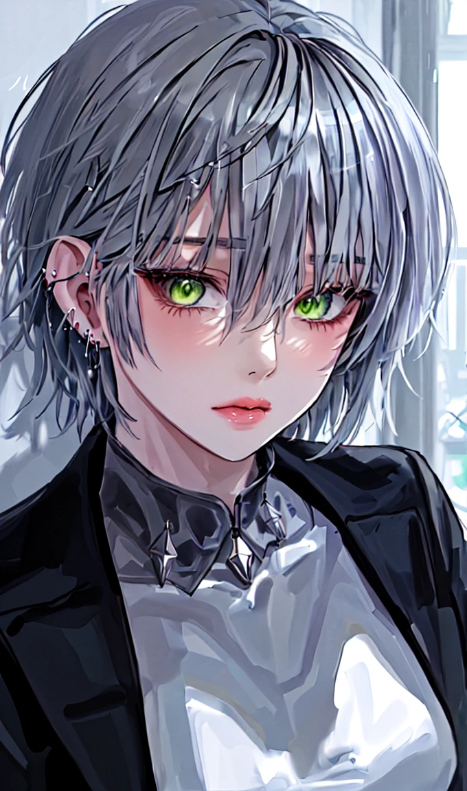 1girl, portrait, earrings, solo,lips, female focus, green eyes, looking at viewer, grey hair, short hair, closed mouth