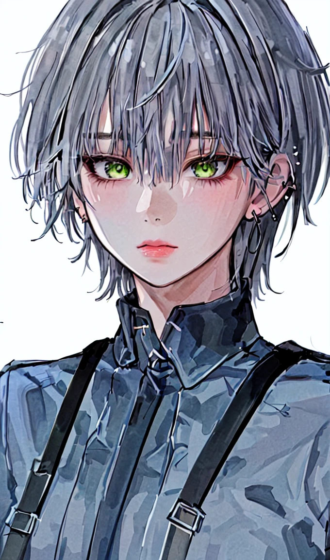1girl, portrait, earrings, solo,lips, female focus, green eyes, looking at viewer, grey hair, short hair, closed mouth