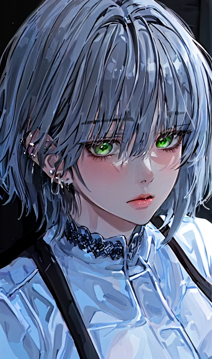 1girl, portrait, earrings, solo,lips, female focus, green eyes, looking at viewer, grey hair, short hair, closed mouth