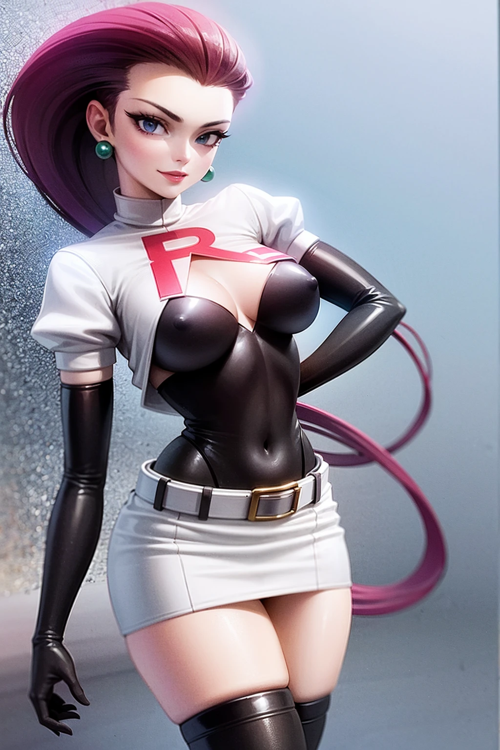 Masterpiece, stunning realistic, best quality, sharpness, 1 girl ,jessie pokemon, solo, team rocket, gloves, hair slicked back, long hair, jewelry, skirt, navel, thighhighs, earrings, elbow gloves, team rocket uniform, crop top, blue eyes, midriff, white background, belt, black gloves, very long hair, simple background, smile, black thighhighs, purple hair, looking at viewer, breasts, white skirt, miniskirt,large breasts,standing in a city,arms behind head ,nipple slip,