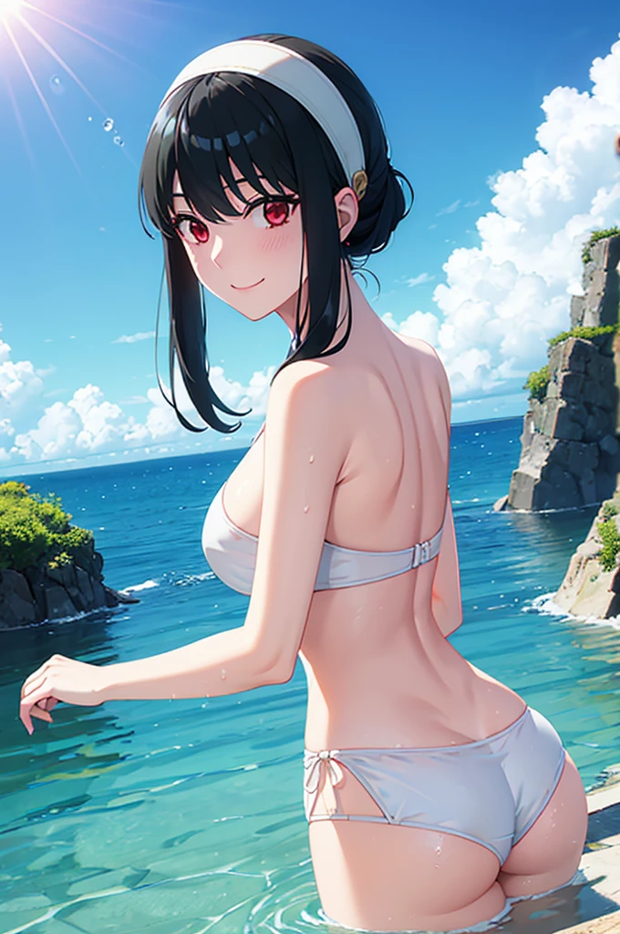 White hair band、Red eyes、Black Hair、Yor Briar、Beautiful woman swimming underwater、Dazzling Sun、smile、Splash、Wet clothes、Back view、Stick your butt out、Waist-deep in water、Ocean、dive、Getting into the water