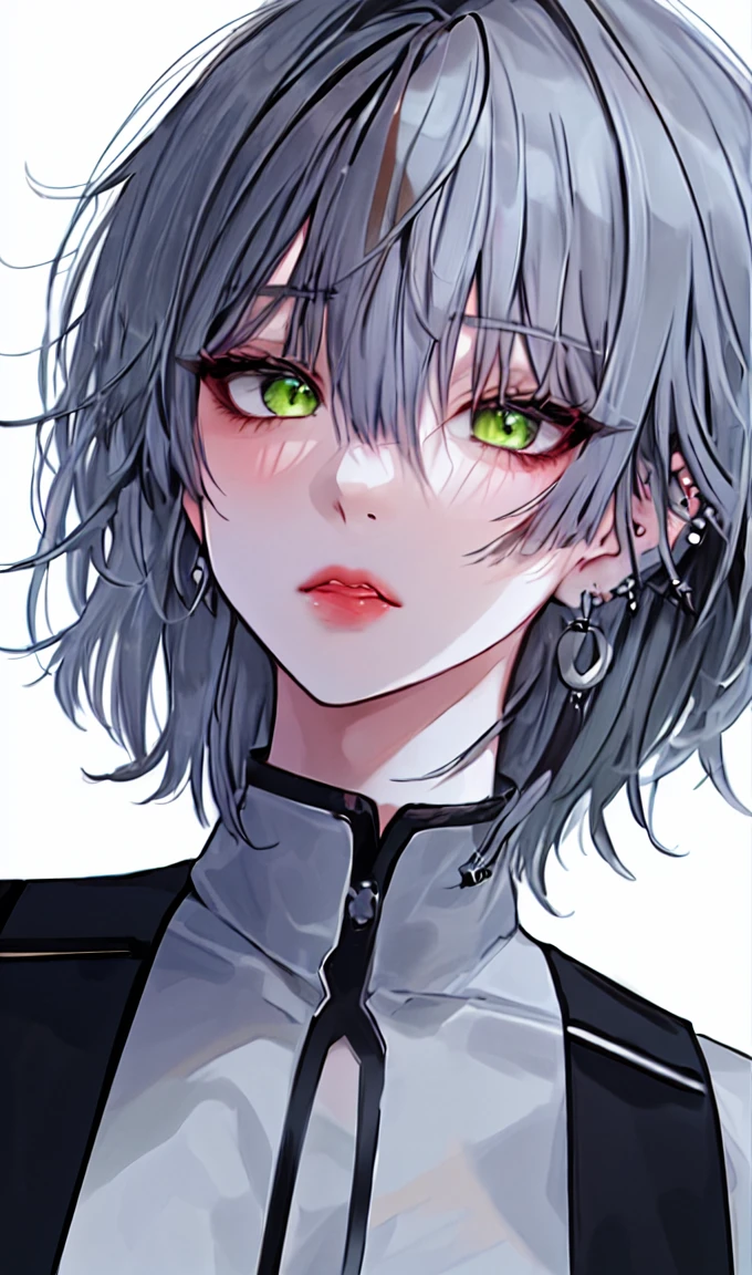 1girl, portrait, earrings, solo,lips, female focus, green eyes, looking at viewer, grey hair, short hair, closed mouth