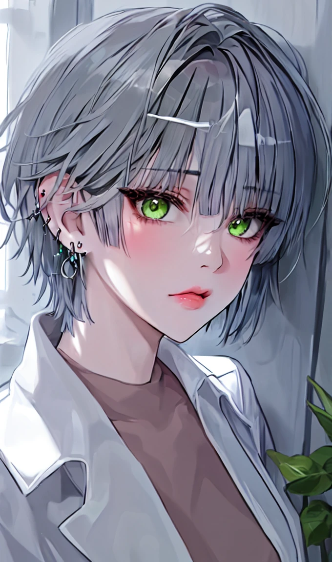 1girl, portrait, earrings, solo,lips, female focus, green eyes, looking at viewer, grey hair, short hair, closed mouth