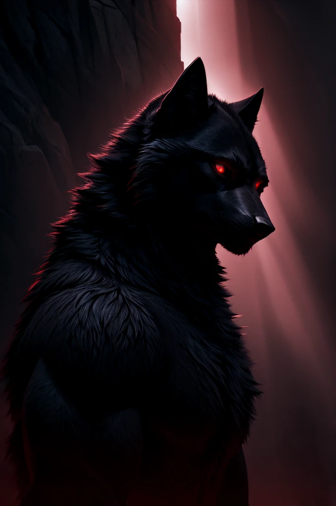 a dark black wolf, glowing red eyes, soft fluffy fur covering its entire body, cinematic lighting, highly detailed, photorealistic, 8k, dramatic composition, moody atmosphere, chiaroscuro lighting, dramatic lighting, dramatic shadows, dark palette, muted colors, cinematic, epic, imposing, powerful, majestic
