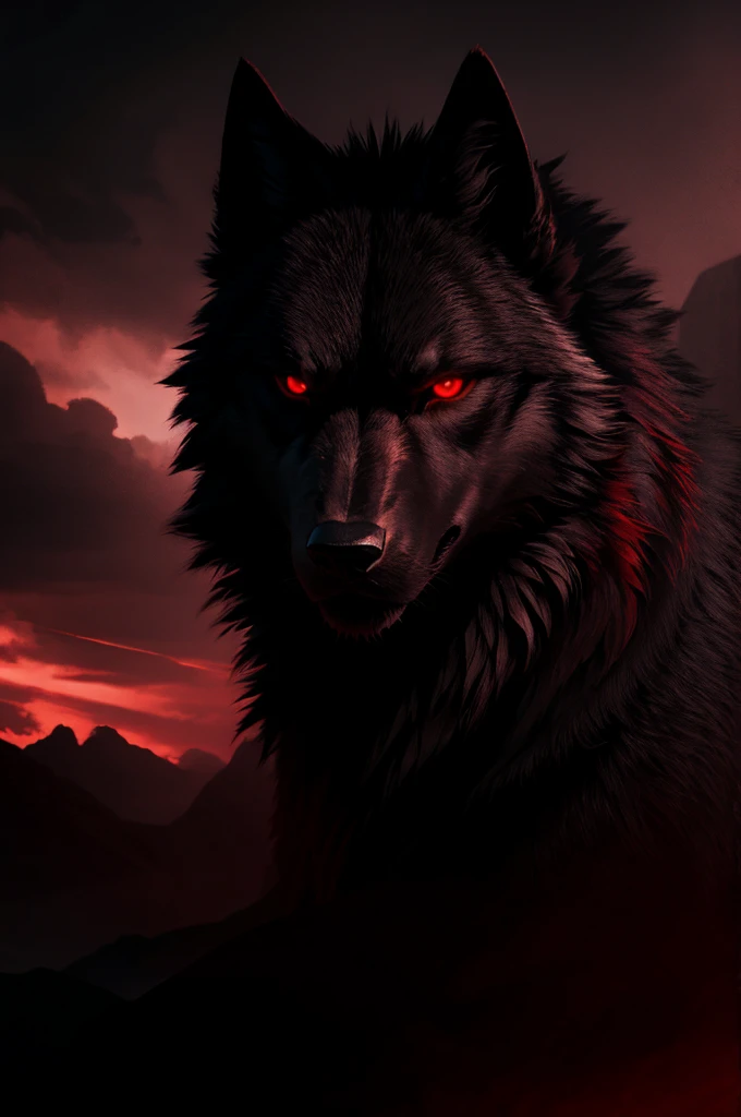 a dark black wolf, glowing red eyes, soft fluffy fur covering its entire body, cinematic lighting, highly detailed, photorealistic, 8k, dramatic composition, moody atmosphere, chiaroscuro lighting, dramatic lighting, dramatic shadows, dark palette, muted colors, cinematic, epic, imposing, powerful, majestic
