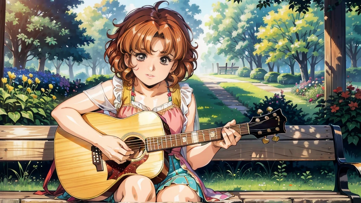 A young girl playing a guitar. She has short, curly hair and is wearing a vibrant, bohemian-style outfit. The scene is set outdoors in a beautiful garden with colorful flowers and trees. The girl is sitting on a wooden bench, with a relaxed and happy expression as she strums her guitar. The atmosphere is lively and cheerful.