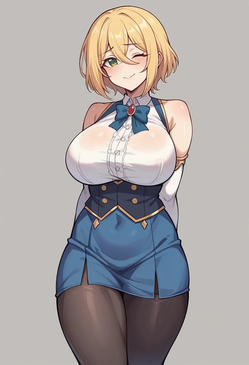 （One girl）、(short hair)、(sidelock)、((Blonde))、Princess Connect、((boyish))、huge breasts、(plump)、(beautiful girl)、[Big thighs]、Green Eyes、(Healer)、Black Vest、black leggings、White sleeveless、[hairs between eyes]、(long gloves)、closed mouth、wink、((see-through))、arm behind back