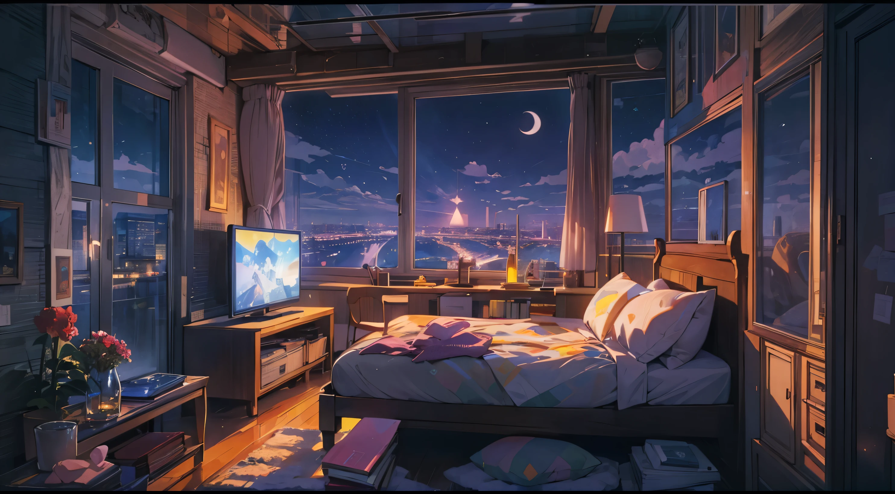 ((super verbose)), A girl relaxes in a cozy room, (natta), on the roof, (beautiful natta views from windows), many things, shorth hair, 2d anime style, 90s anime aesthetic, bass guitar, very detailled, Hard disk, Anime style mixed with film, surreal, best qualityer, 8K, work of art, high resolution