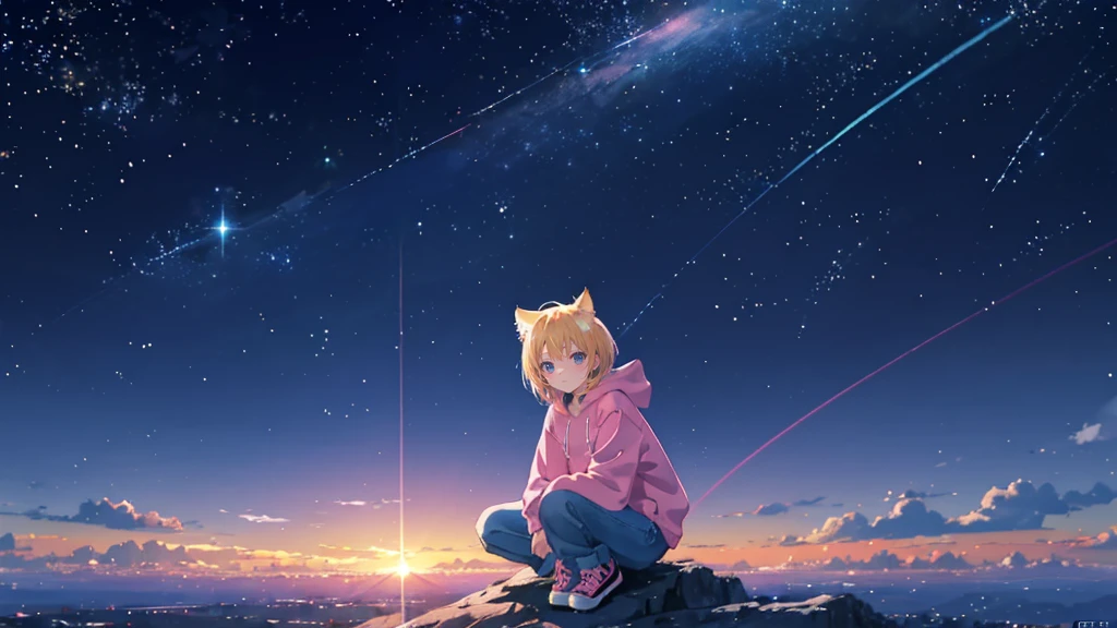 Pink hoodie、Beautiful sky anime scene with stars and planets, Space Sky. by Makoto Shinkai, anime art wallpaper 4k, anime art wallpaper 4k, Anime Art Wallpapers 8K, anime wallpaper 4k, anime wallpaper 4k, 4k anime wallpaper, Anime Sky, Awesome Wallpapers, Anime Background, Heavenly planets in the background, Anime Background art no humans landscape、Blonde、Shortcuts、Pink hoodie、Denim shorts、Black sneakers、Cat ear