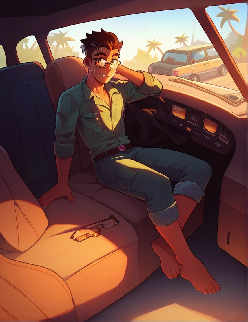score_9, score_8_up, score_7_up, man, pale, scorching sun, sweating profusely, exhausted, looking at viewer, smile, brown hair, slicked back, Van Dyke beard, antique gold aviator glasses, secret hideout, barefoot, 45 years, jungle,