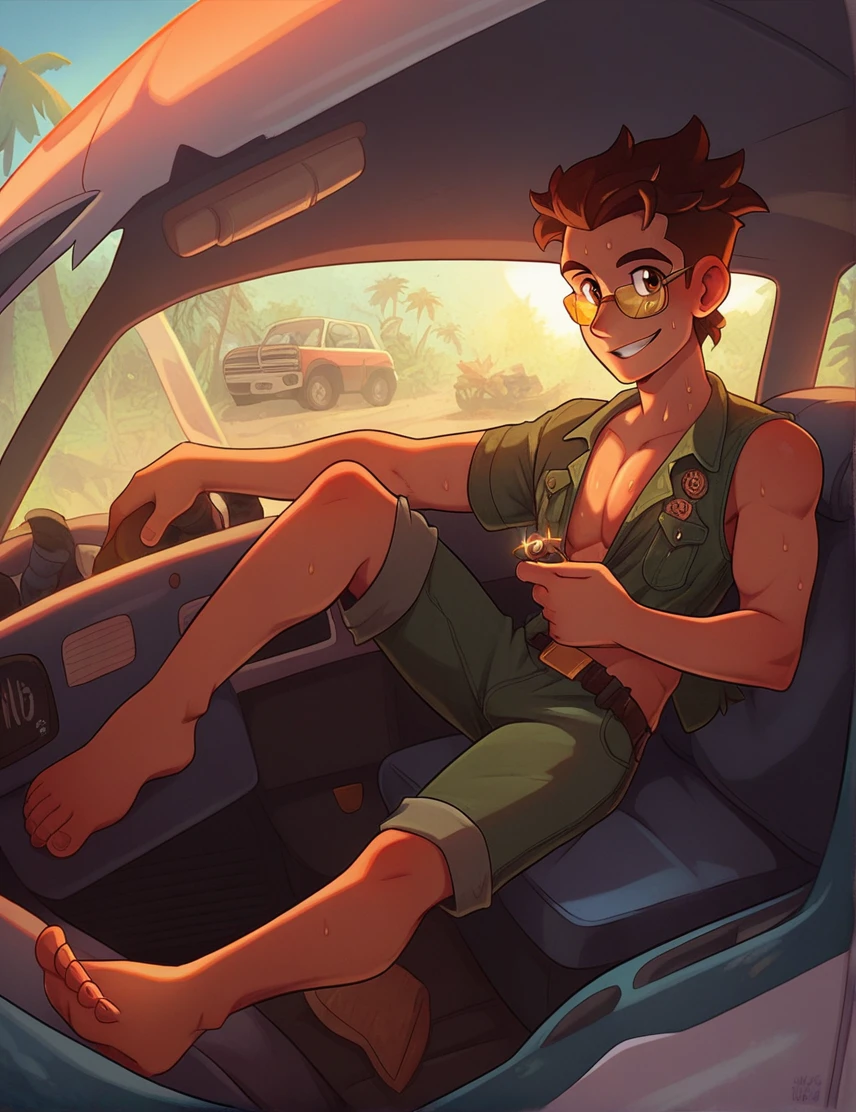 score_9, score_8_up, score_7_up, man, pale, scorching sun, sweating profusely, exhausted, looking at viewer, smile, brown hair, slicked back, Van Dyke beard, antique gold aviator glasses, secret hideout, barefoot, 45 years, jungle,