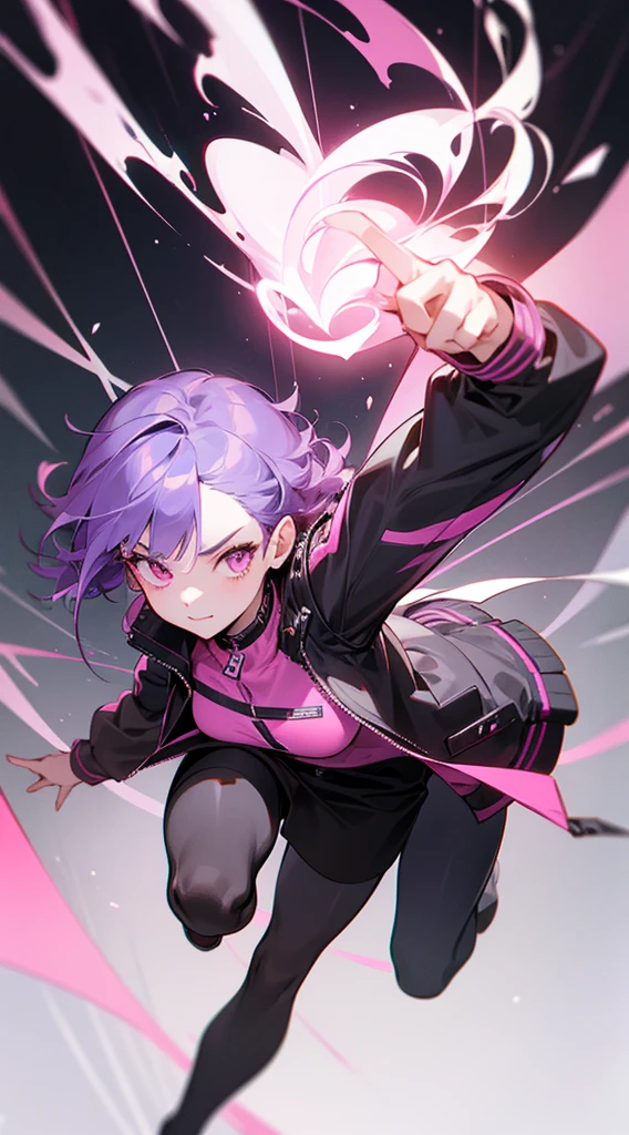 Top Quality, 8K, 4K, High Definition, Detail, (better-quality, 8K, 12), top-quality, 1 girl、only showing her face, she has purple hair, wearing a yellow pin on her right side of her hair, she has her hands together, she looking at you, she is smiling at you, medium breast, her jacket color dark gray with a pink zipper, pink eyes, showing her face and chesat, short hair long as her neck, (only showing half of her body) her jacket is loose. she is wearing earing only right ear shaped has a heart, she has her hand up making a pose, get closer to see up close of her face, she making a pose, she making pose her finger, full body, falling towards to night dark city,