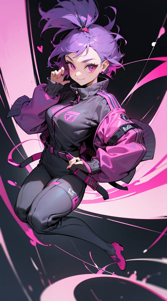 Top Quality, 8K, 4K, High Definition, Detail, (better-quality, 8K, 12), top-quality, 1 girl、only showing her face, she has purple hair, wearing a yellow pin on her right side of her hair, she has her hands together, she looking at you, she is smiling at you, medium breast, her jacket color dark gray with a pink zipper, pink eyes, showing her face and chesat, short hair long as her neck, (only showing half of her body) her jacket is loose. she is wearing earing only right ear shaped has a heart, she has her hand up making a pose, get closer to see up close of her face, she making a pose, she making pose her finger, full body, falling towards to night dark city,