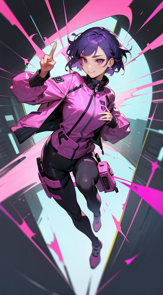 Top Quality, 8K, 4K, High Definition, Detail, (better-quality, 8K, 12), top-quality, 1 girl、only showing her face, she has purple hair, wearing a yellow pin on her right side of her hair, she has her hands together, she looking at you, she is smiling at you, medium breast, her jacket color dark gray with a pink zipper, pink eyes, showing her face and chesat, short hair long as her neck, (only showing half of her body) her jacket is loose. she is wearing earing only right ear shaped has a heart, she has her hand up making a pose, get closer to see up close of her face, she making a pose, she making pose her finger, full body, falling towards to night dark city,