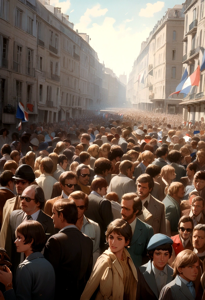 Crowd of French flags in the 1970s