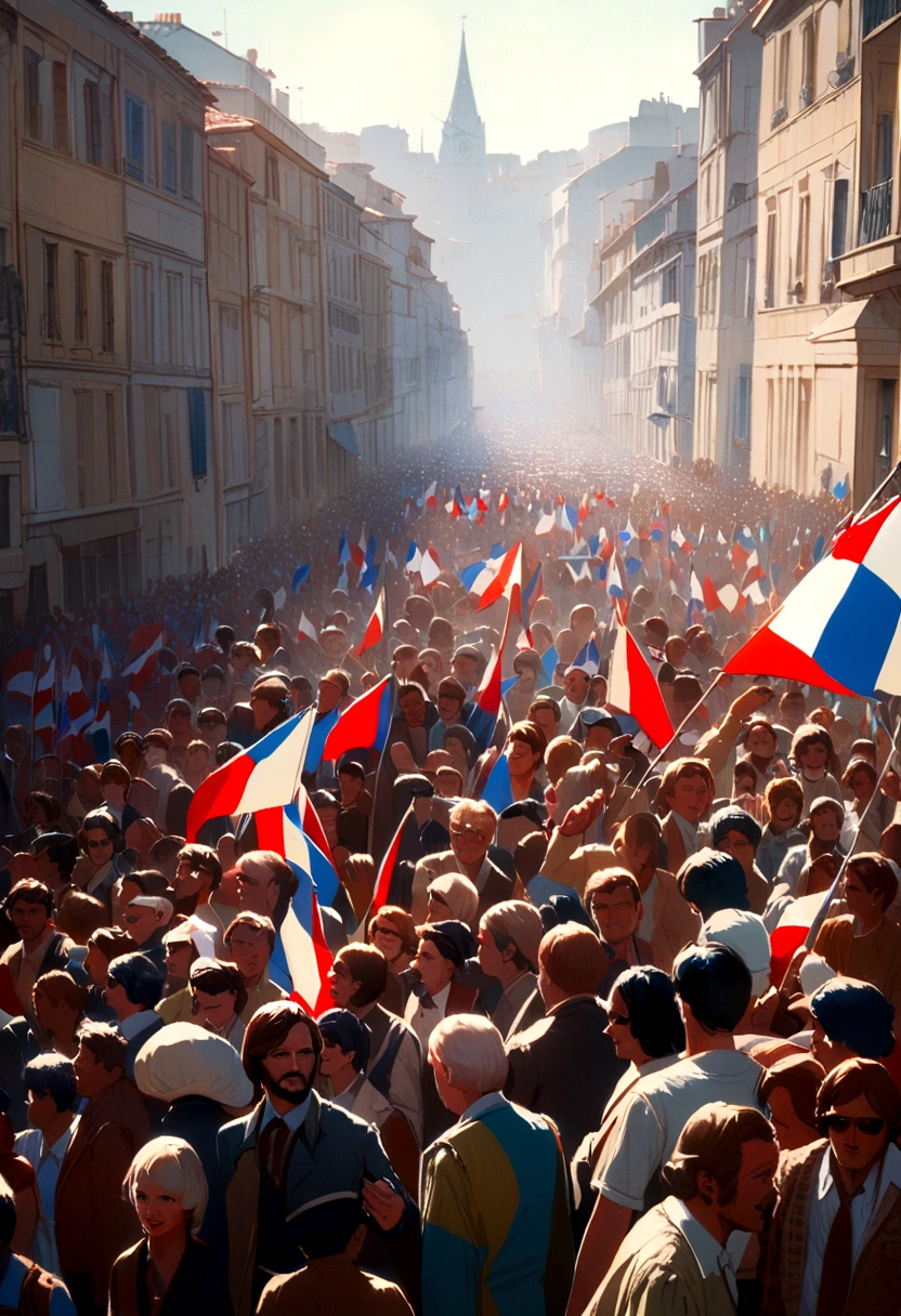 Crowd of French flags in the 1970s