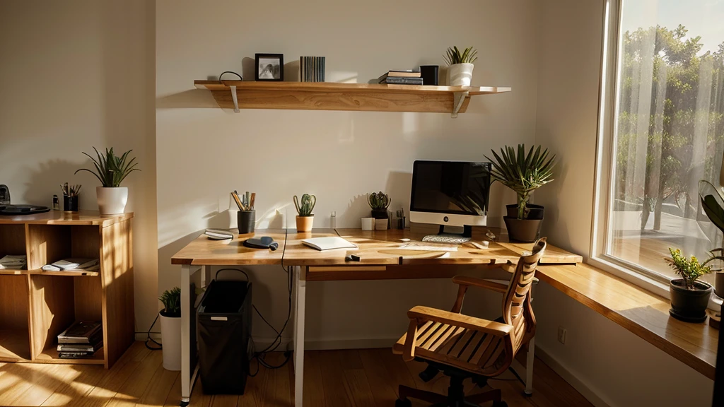 A minimalist office with a large, uncluttered desk made of light wood and a comfortable ergonomic chair. Sunlight streams through a nearby window, illuminating a potted aloe vera plant on the desk corner.