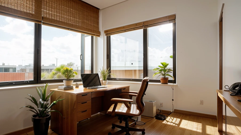 A minimalist office with a large, uncluttered desk made of light wood and a comfortable ergonomic chair. Sunlight streams through a nearby window, illuminating a potted aloe vera plant on the desk corner.