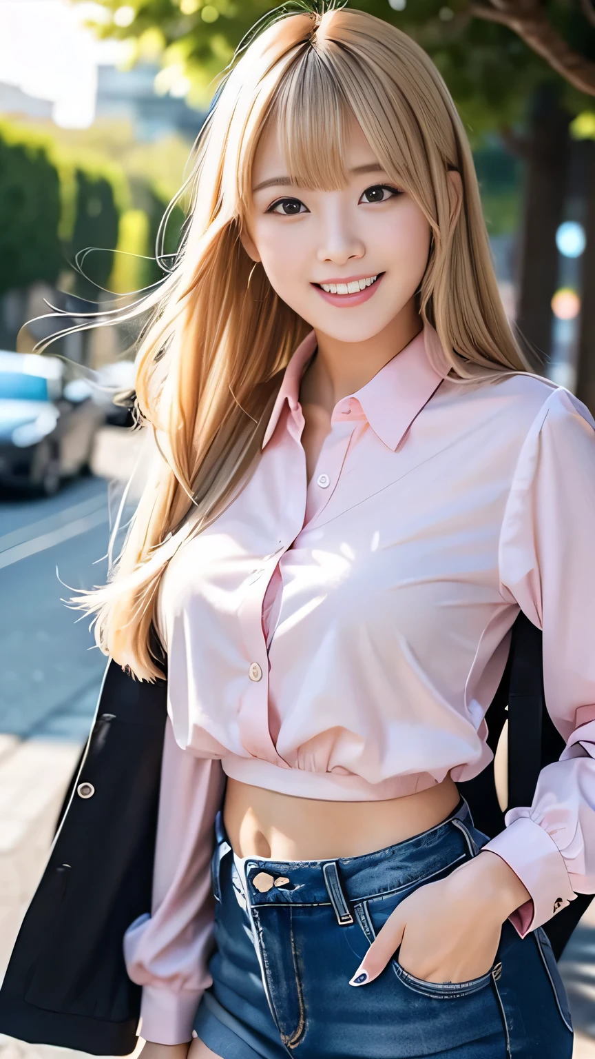 (Tabletop), ((portrait)), ((close up of her face)), (Realism), (photorealistic), (Highest resolution), (masterpiece), (best high quality real texture skin:1.2, A woman with velvety skin:1.2), 1. woman, Supermodel, 16 years old, Japanese woman, high school girl, Skinny body, Perfect Anatomy:1.37, ((A soaked pink shirt:1.33)), (Soaking wet blonde:1.2), (Soaking wet hair:1.2), (Wet and shiny hair:1.3), ((Skin showing through a wet shirt:1.25)), (Most moist skin:1.2), ((Ultra-high resolution, Realistic water splashes:1.24)), (Perfect and most natural ultra-high resolution water splashes:1.2), (The happiest and funniest smile I&#39;ve ever seen:1.3), ((very heavy rain:1.28)), ((heavy rain:1.29))、((dewey, Glowing Skin:1.25)), ((Soaking wet woman:1.24)), (((close up of her face:1.6))), (Strongly blurred vibrant Shibuya city background:1.1), (Strongly blurred background:1.1), ((Shut your mouth)), (Bright pale complexion), Symmetrical eyes, (the most absurdres quality eyes:1.25), ((the most absurdres quality natural beautiful cute sharp face), ultra insanel details:1.2), (light pale complexion), ((clear non blurry and sharp perfect round realistic brown_eyes:1.35)), ultra insanel details:1.15), ((finely detailed pupils:1.2)), Detailed lips:1.3, (long_blue_eyeliner:1.14), (pink_lipstick:1.28), ((The perfect dark_eyeshadow:1.4)), (Detailed nose:1.2), Perfect composition, (Flat Chest:1.21), (Slim lower body), ((Shiny blonde hair, ((pony tail)), extremely detailed:1.35)), Let your bangs hang long, ((Sharp focus)), dramatic cinematographic lighting, (the most abrurdres quality),