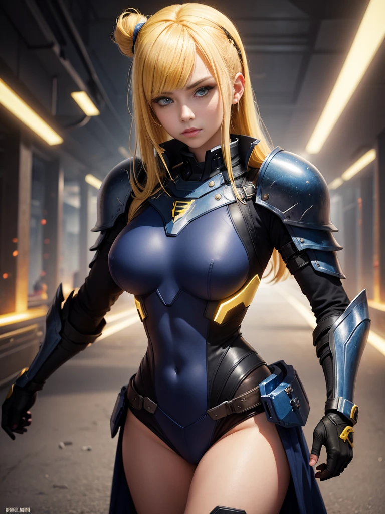 girl, with futuristic navy blue armor, electrical powers, yellow hair, yellow eyes.