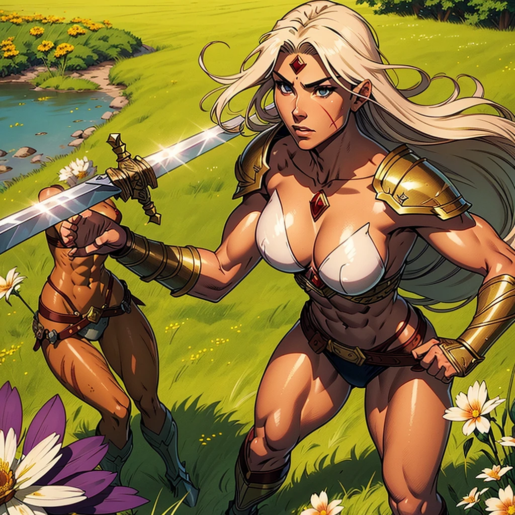 A gorgeous warrior woman of age30, skimpy armor, sword, toned abs, tanned skin, battle wounds with some blood, standing in flowery meadows, serene. Not overly muscular. Anime or Semi-Realistic style