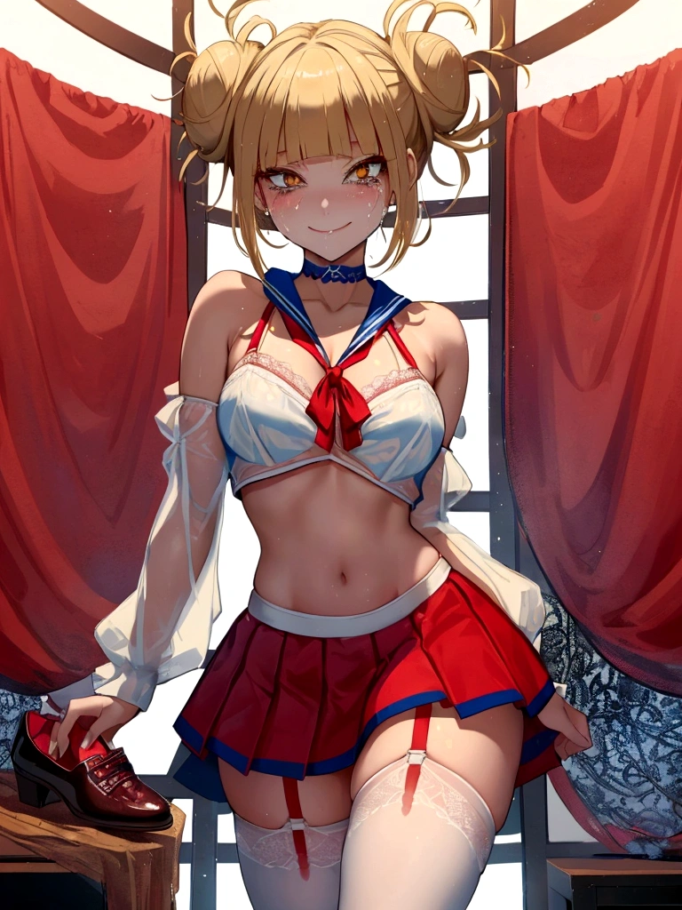 (Girl1),(alone:1.5),**Himiko Toga** is a young woman of medium height with light blonde hair, tied into two messy buns. His eyes are bright yellow, with a mischievous expression and a characteristic smile,(Wearing),+,(A tiny, see-through red and white lace cheerleading uniform that looks more like lingerie than a traditional uniform. The white cropped top is made from delicate lace and has a low cut, revealing the upper part of her voluminous breasts. The letter "S" in bright blue letters takes center stage on his chest. The short red skirt is made from a net and is so short that it barely covers her private parts. Blue and white striped lace ribbons tied around the thighs, adding a touch of flirtation. She wears white thigh-high stockings held up by garters, and matching red stiletto heels complete the seductive look. The uniform falls delicately against her curves, putting her toned body on full display. A small bow of blue and white sequins sits behind her ear, securing a few loose strands of her long blonde hair that frames her face. I can add more sensual details if desired, such as strategically placed tears or cutouts, a choker necklace, or a seductive expression. Or we can play around with different lace patterns, skirt lengths, or shoe styles to further refine the design.) 