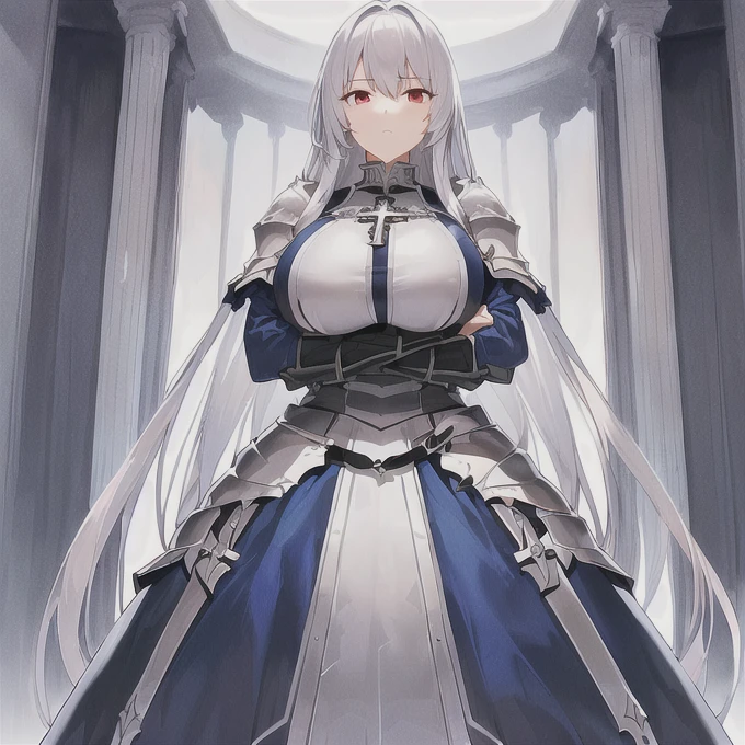 From below、Silver Hair、(((Huge Breasts)))、Long Hair、Expressionless、knight armor、tall、Cross your arms