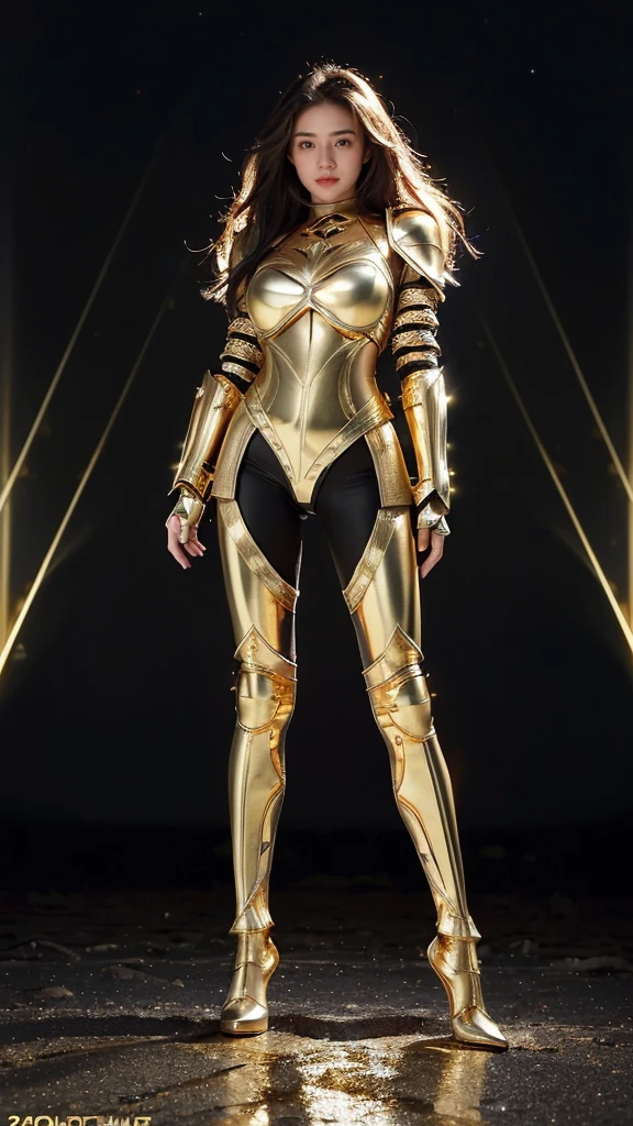 ((best quality)), ((masterpiece)), (ultra detailed lights), ((full body:1.3)), ((skinny body)), 1girl, extremely beautiful, ((slim body)), thighs gap, ultra face details, 20 years old, ((pink curvy-hair)), ((hair blown by strong winds :1.3)), Award-winning photograph, ((symmetrical pose)), ((full body golden black armor:1.3)), posing in the middle, intricate details, ((thight golden armour:1.3)), ((extremely details armor:1.3)), ((tight latex pants)), ((24k-gold armor:1.3)), ((edge luminous armor:1.3)), cameltoe, luminescent, epic lights reflections, at beach, full of stars, orange clouds, nebula sky, epic aurora borealis in the background, shooting stars, ((from below))