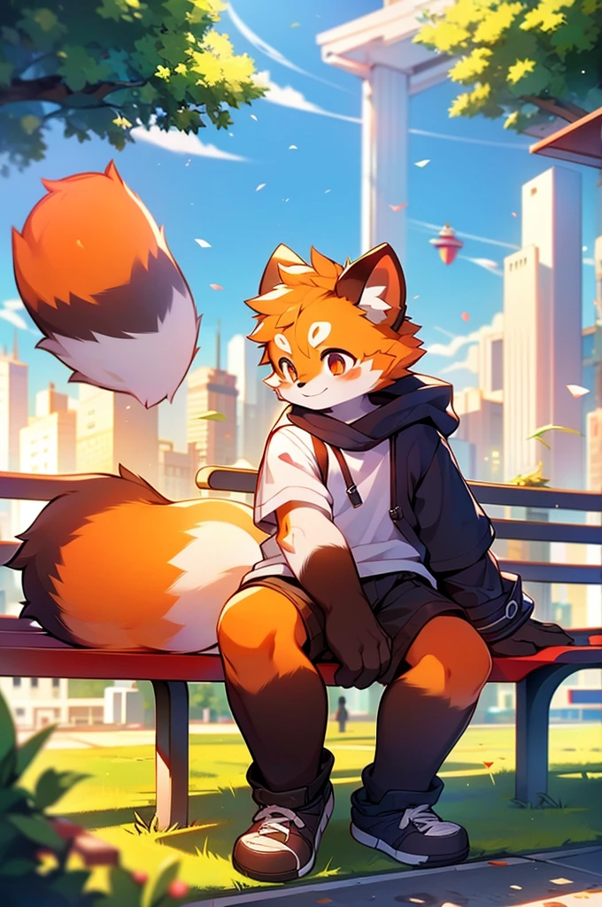 Male Red Panda,Sit on a bench,Cityscape,Port cities! One person,Smart Body Diet