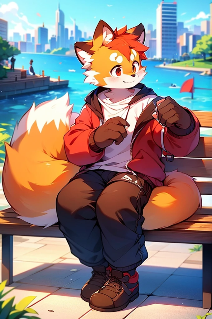 Male Red Panda,Sit on a bench,Cityscape,Port cities! One person,Smart Body Diet