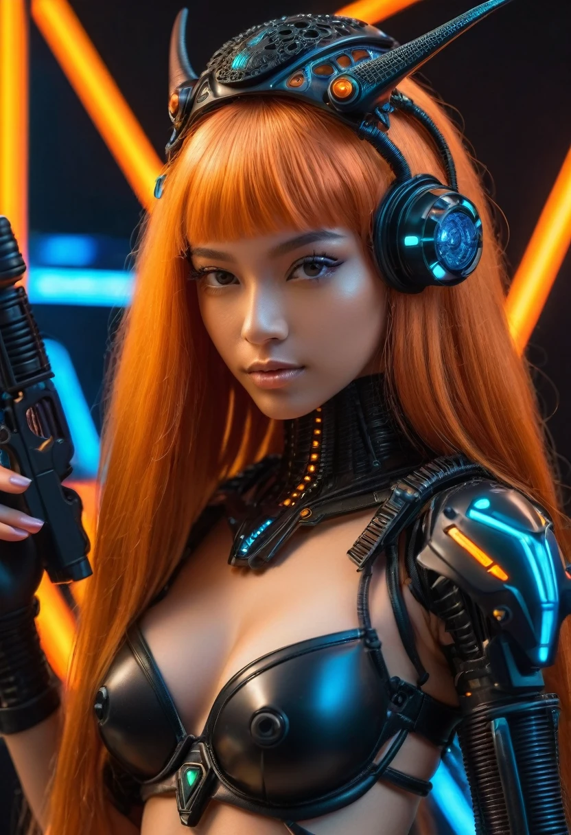 close-up, without clothes cute sexual black brazilian 17 years girl wears an insectoid exoskeleton made from glass parts,holds in hand and shoots me from high tech pulse neon gun , looking at me, flirt, love me, cybernetic parts of body,long straight orange hair, against the backdrop black Egyptian piramids, ultra high quality detailing