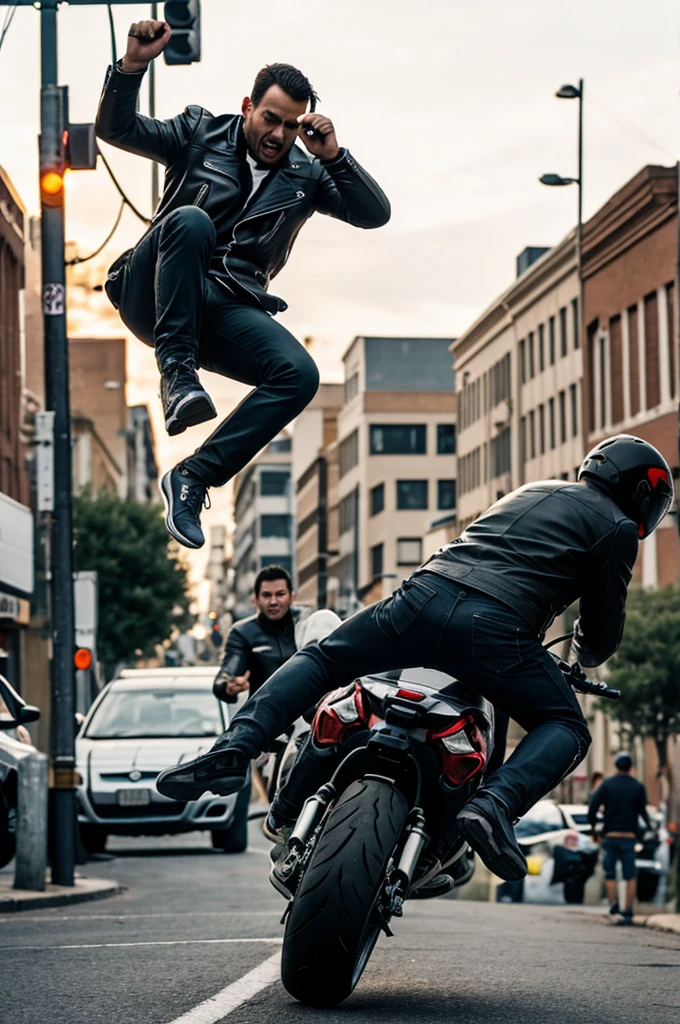A man jumps and kicks another man from a motorcycle.