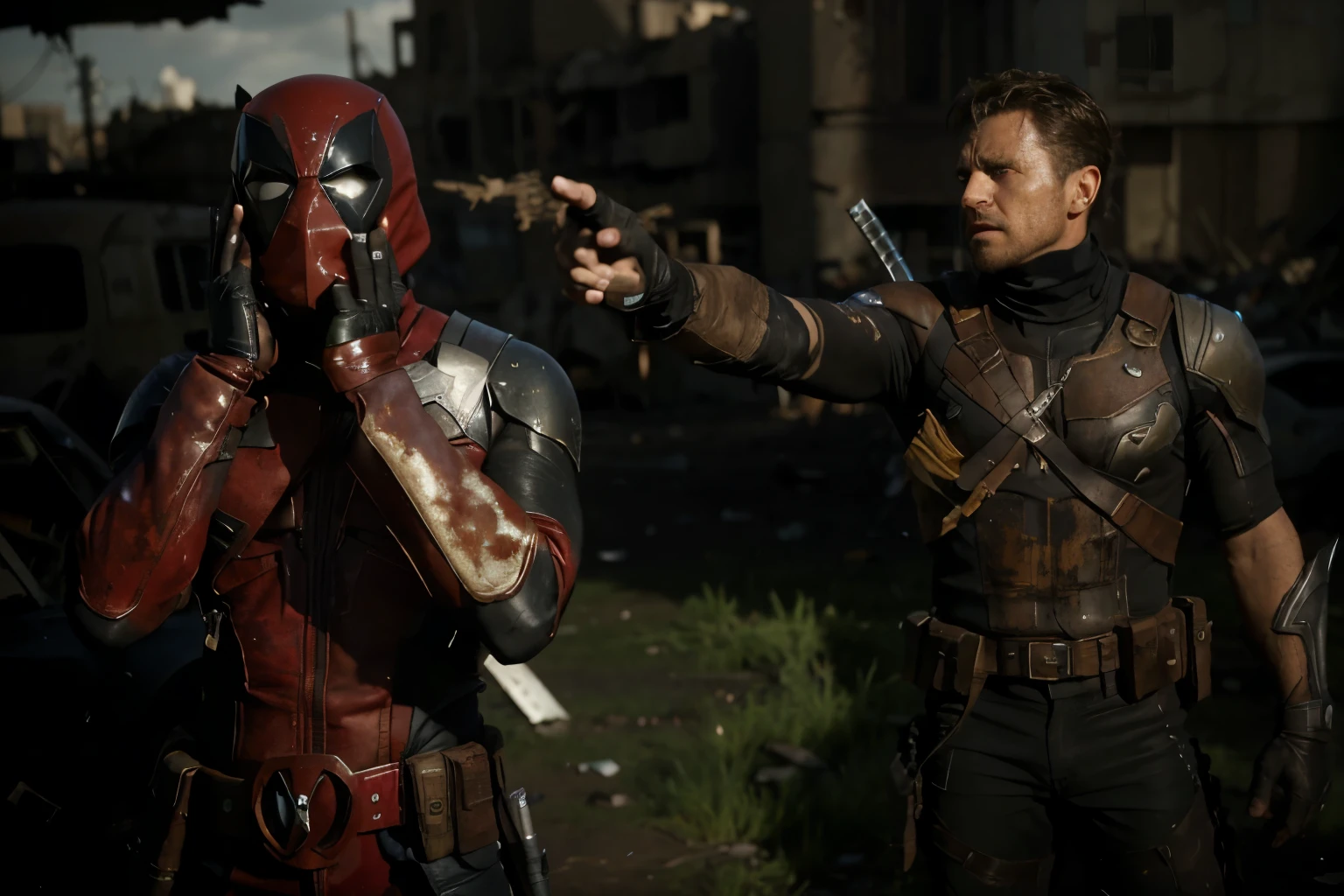 (Best quality, 8k, 32k, Masterpiece, UHD:1.2), "Transform the scene into the desolate and chaotic void timeline junkyard reality from the Deadpool and Wolverine or Deadpool 3 movie. Imagine a sprawling wasteland filled with the remnants of destroyed and abandoned structures. The ground is littered with debris, twisted metal, and shattered glass, creating a sense of desolation and ruin.
The sky above is an ominous gray, casting a dull, oppressive light over the scene. Scattered throughout the landscape are recognizable artifacts and remnants from various FOX Marvel characters' worlds, such as fragments of Sentinels, pieces of advanced technology, and iconic items from the X-Men, Fantastic Four, and other franchises.
The area is devoid of any people, emphasizing the loneliness and abandonment of this timeline. The remnants of battles and conflicts are evident, with damaged vehicles, crumbling buildings, and scorch marks covering the ground. This setting should evoke a sense of lost hope and survival, capturing the chaotic and fractured nature of this reality where the FOX Marvel characters are struggling to endure." ((wasteland)) ((desert)) ((outlands))