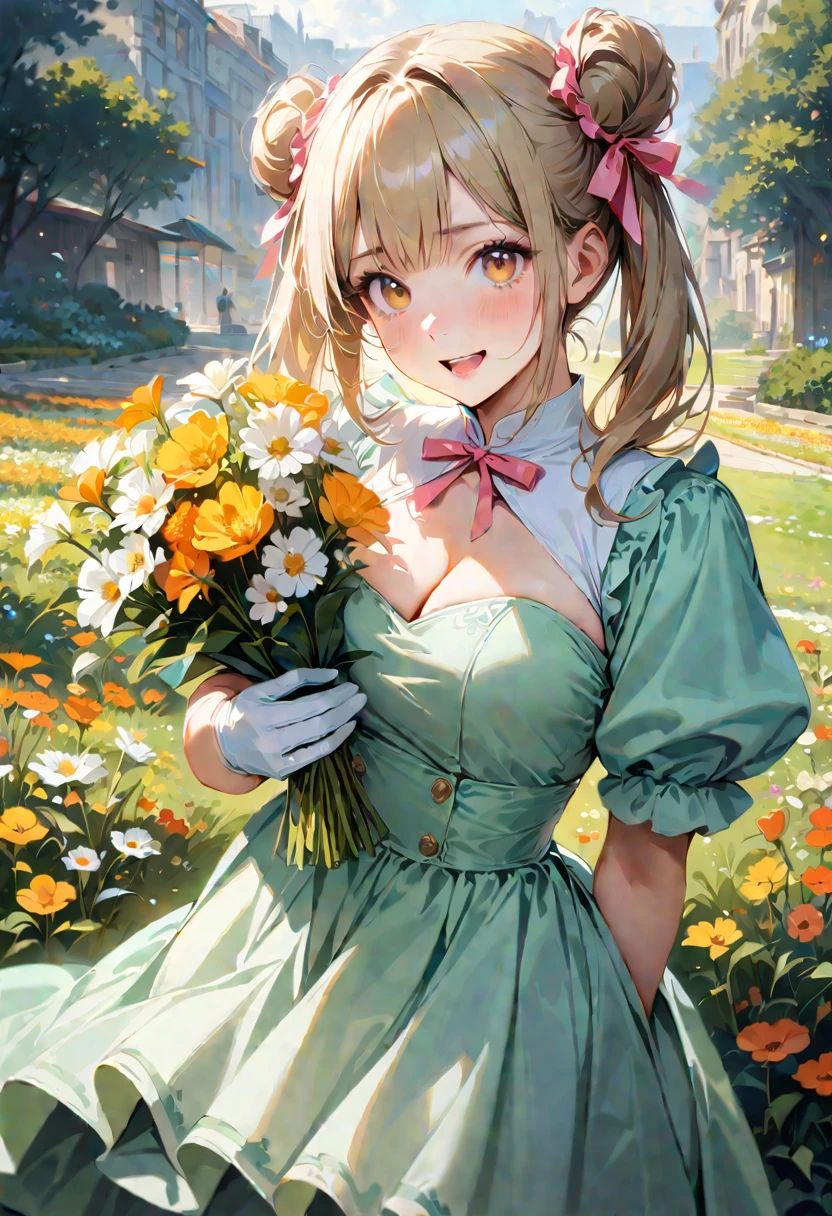20 years old,1 girl,hyperrealistic, 8k, (extremely detailed 8k), (very delicate and beautiful), (masterpiece), (better quality:1.0), (ultra high resolution:1.0), (masterpiece, best quality), cute,blonde,cleavage cutout,(broen dress:1.3),(crop top navel:1),gleaming skin,twintails,twin bun,a pink ribbon on the head,long hair,pastel green frill Chinese-made dress,white long gloves,delighted,hold a bouquet of flowers,from the front,a bunch of flowers,POV,bust shot,white frill,puffy sleeves,surrounded by flowers,cry for joy
