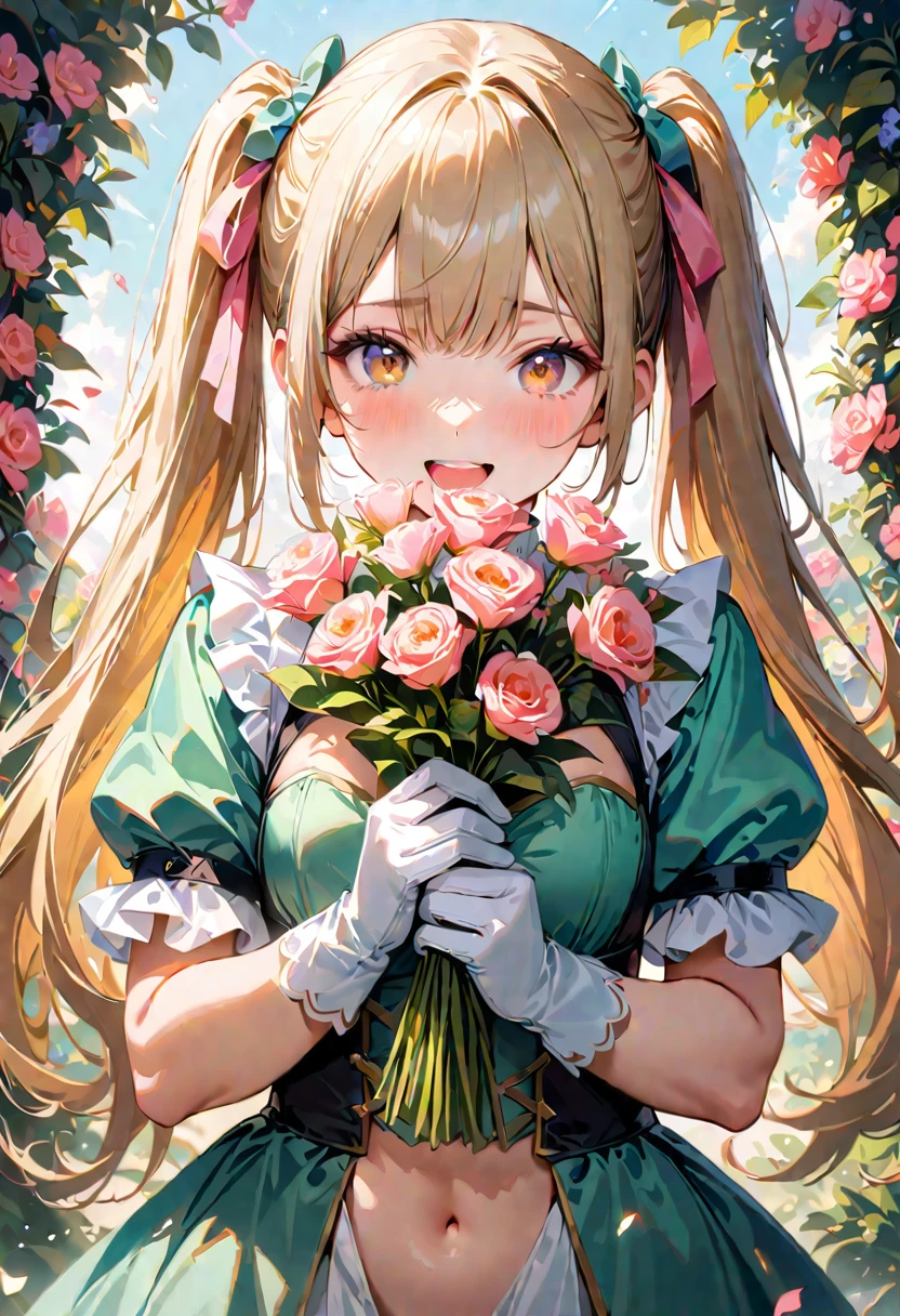20 years old,1 girl,hyperrealistic, 8k, (extremely detailed 8k), (very delicate and beautiful), (masterpiece), (better quality:1.0), (ultra high resolution:1.0), (masterpiece, best quality), cute,blonde,cleavage cutout,(broen dress:1.3),(crop top navel:1),gleaming skin,twintails,twin bun,a pink ribbon on the head,long hair,pastel green frill Chinese-made dress,white long gloves,delighted,hold a bouquet of flowers,from the front,a bunch of flowers,POV,bust shot,white frill,puffy sleeves,surrounded by flowers,cry for joy