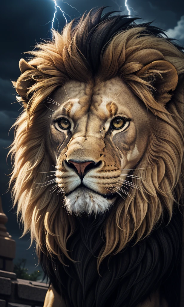 Lion, Lion Dourado, gold color, Divine gold, Golden Light, mighty, majestic, Sovereign Power, linen, mascle, Lion mascle, celestial light, Golden Fire, Energia heavenly, Lion Fotorrealista 4K, 4K Photorealism, Divine Lion, majestic, appealing, fire, villany, thunder, Sky thunder, stele, photorrealistic 6K, Detailed UltraHD, detailed colors 8K, ELEGANT LION, floor, stele, lightning strikes, heavens, céu GODlike, tempest, Towards the heavens, Detailed Realistic lion, Photorealistic lion, Lion dourado, 16k Ultra HD, heavenly, GODlike, photorrealistic, Rendering, 4K, 8K, detailed textures, detailed shadows, padoru, detailed colors, GOD'and the sky, UltraHD 16K Details, 16k texturas photorrealistics, detailed sharpness 16K, detailed sharpness, detailed colors, realistic shadows, ultra realistic textures, high power, natural beautiful, natural colors, realistic contrast, Texturas photorrealistics, detailed colors, lifelike colors, detailed shadows, luminous face, villany, Detailed face 4k, ultra detaild, realistic contrast de 8K, detailed sharpness, cores Ultra HD, posh,