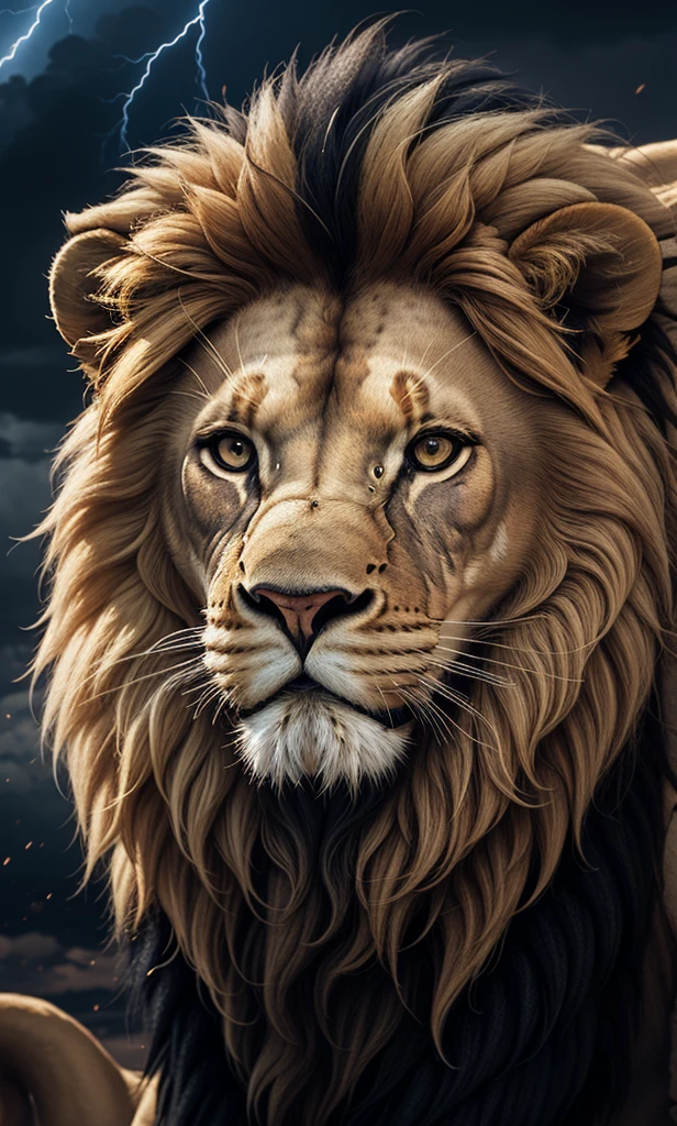 Lion, Lion Dourado, gold color, Divine gold, Golden Light, mighty, majestic, Sovereign Power, linen, mascle, Lion mascle, celestial light, Golden Fire, Energia heavenly, Lion Fotorrealista 4K, 4K Photorealism, Divine Lion, majestic, appealing, fire, villany, thunder, Sky thunder, stele, photorrealistic 6K, Detailed UltraHD, detailed colors 8K, ELEGANT LION, floor, stele, lightning strikes, heavens, céu GODlike, tempest, Towards the heavens, Detailed Realistic lion, Photorealistic lion, Lion dourado, 16k Ultra HD, heavenly, GODlike, photorrealistic, Rendering, 4K, 8K, detailed textures, detailed shadows, padoru, detailed colors, GOD'and the sky, UltraHD 16K Details, 16k texturas photorrealistics, detailed sharpness 16K, detailed sharpness, detailed colors, realistic shadows, ultra realistic textures, high power, natural beautiful, natural colors, realistic contrast, Texturas photorrealistics, detailed colors, lifelike colors, detailed shadows, luminous face, villany, Detailed face 4k, ultra detaild, realistic contrast de 8K, detailed sharpness, cores Ultra HD, posh,