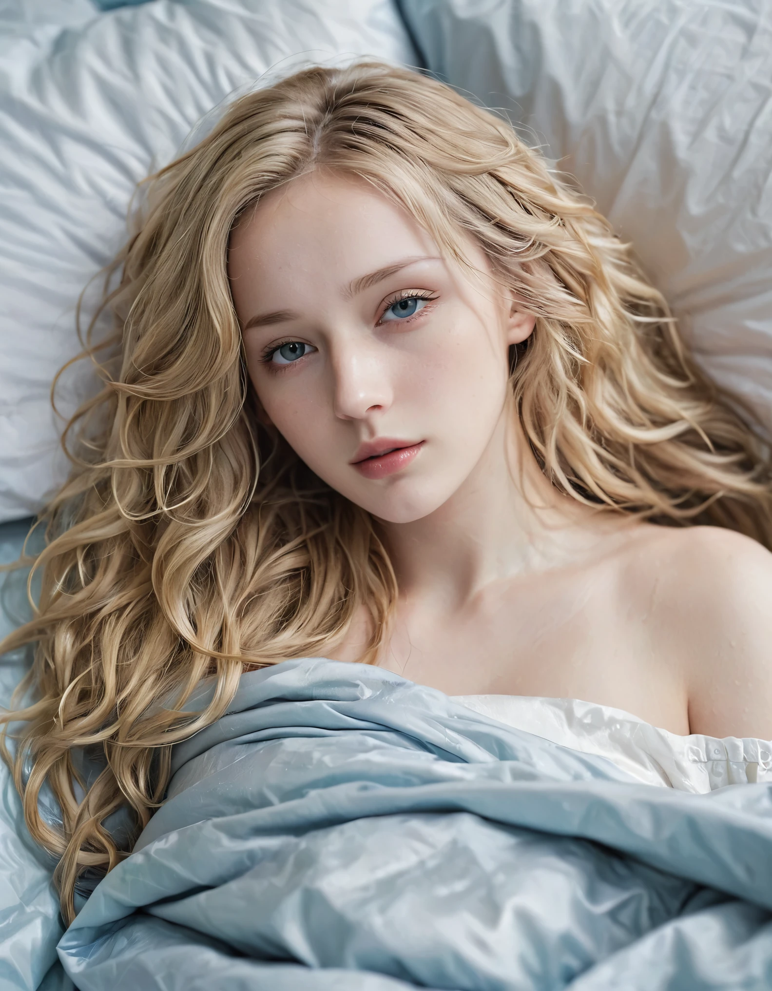 Blonde Girl, alone, (25 years old:1.3), beautiful woman, (Blonde extra long wavy hair:1.3), Detailed face:1.2), ((Detailed face特徵:1.3)), Delicate skin, pale skin, ((portrait:1.3)), wrapped in a paper, Bedroom environment, (Lying in bed:1.3), (Cool color scheme:1.2), wet, Reflective surface, (actual:1.3), (High resolution:1.3), ((Realistic:1.4)), masterpiece, real details,