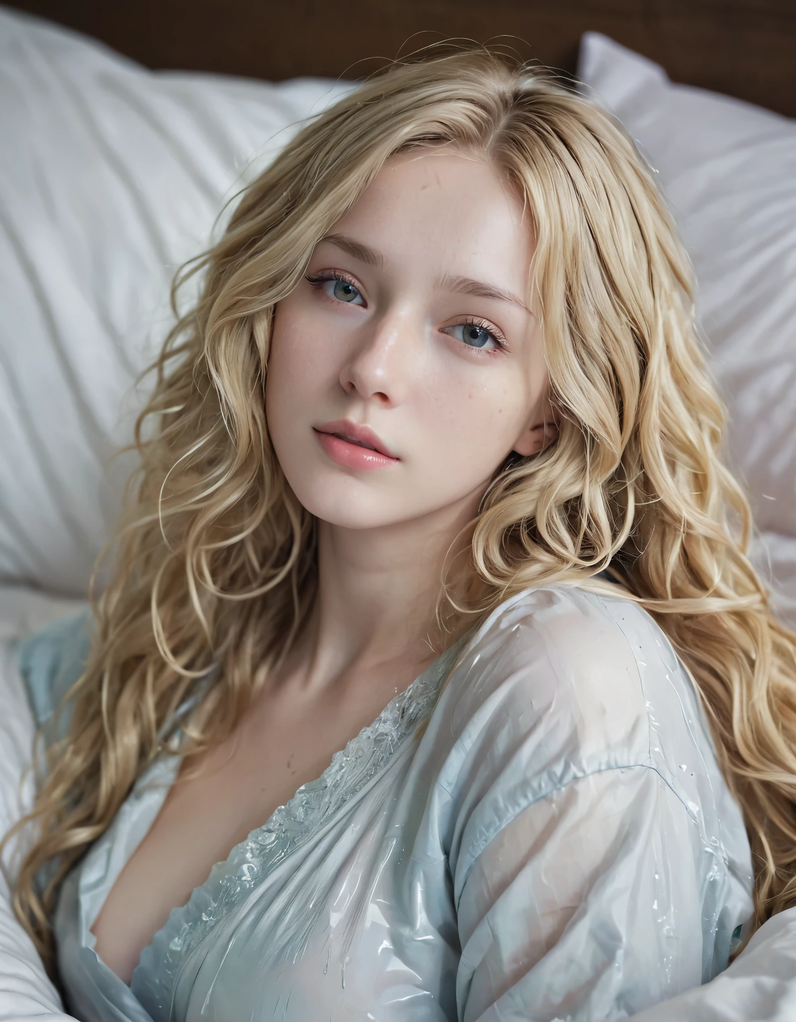 Blonde Girl, alone, (25 years old:1.3), beautiful woman, (Blonde extra long wavy hair:1.3), Detailed face:1.2), ((Detailed face特徵:1.3)), Delicate skin, pale skin, ((portrait:1.3)), wrapped in a paper, Bedroom environment, (Lying in bed:1.3), (Cool color scheme:1.2), wet, Reflective surface, (actual:1.3), (High resolution:1.3), ((Realistic:1.4)), masterpiece, real details,