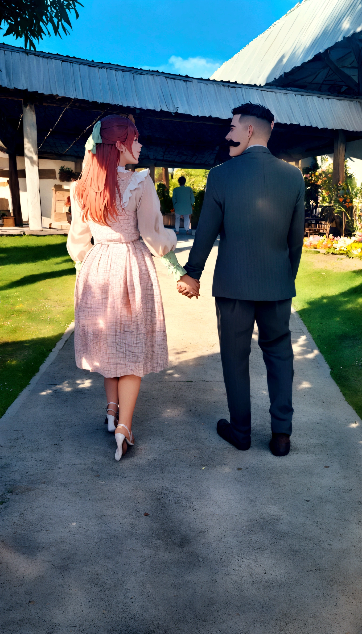 a couple holding hands in a garden, 1 girl, long and en redhead, Caucasian skin, green pretty dress, ung boy, brown skin, cute mustache, black short hair, cute outfit, lighting sun, beautiful day, full of flowers, epic, good image