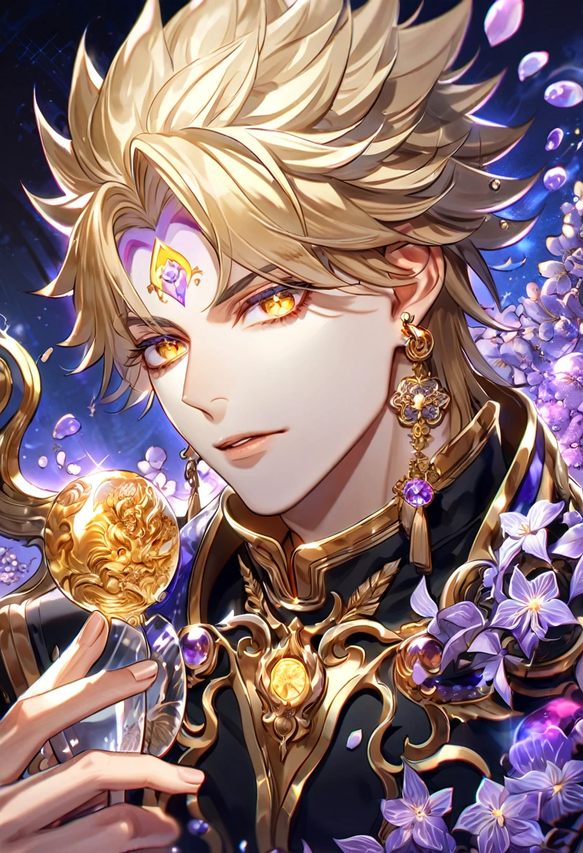 absurdres, highres, ultra detailed, HDR, master piece, best quality, extremely detailed, Susanoo, ash-blond spiked hair, expressive golden eyes, earrings, golden mark on his forehead, Onmyoji, solo, sexy man, handsome, black clothes, magical, fantasy, glittering, sparkling, glass, purple flowers, purple petals, water, purple moon