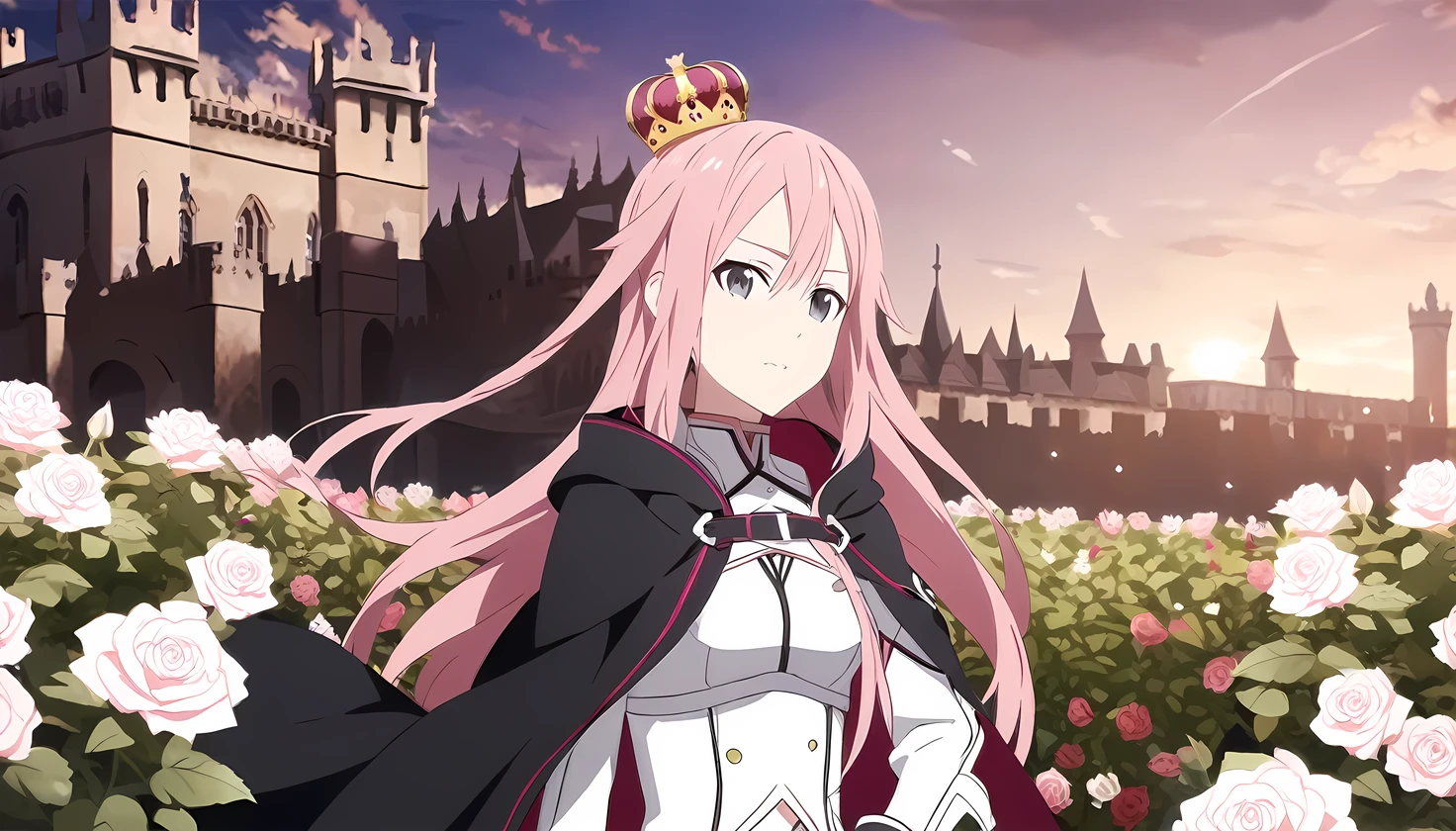 Sword art online style, White outfit, Armored gear, Black cloak, Royal crown, Pink Long hair, Black eyes, Rose Flower, castle Background, HD