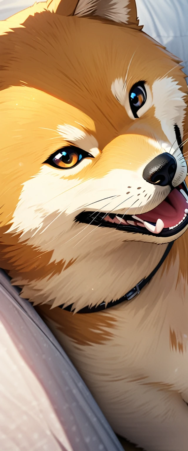 ((Masterpiece, Superior quality, high resolution)), ((Highly detailed 8K unified CG wallpaper)), close up photo of a shiba, Relaxing on a woman's leg, cute and sitting, tongue out, Ahegao