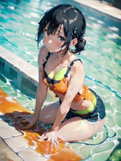 (Soaked with slimy liquid:1.5),Orange swimsuit(((Orange camisole)),Navy blue piping),(Navy blue shorts),Black Hair,(A pool of slimy liquid:1.2),(Leaning forward pose:1.5),