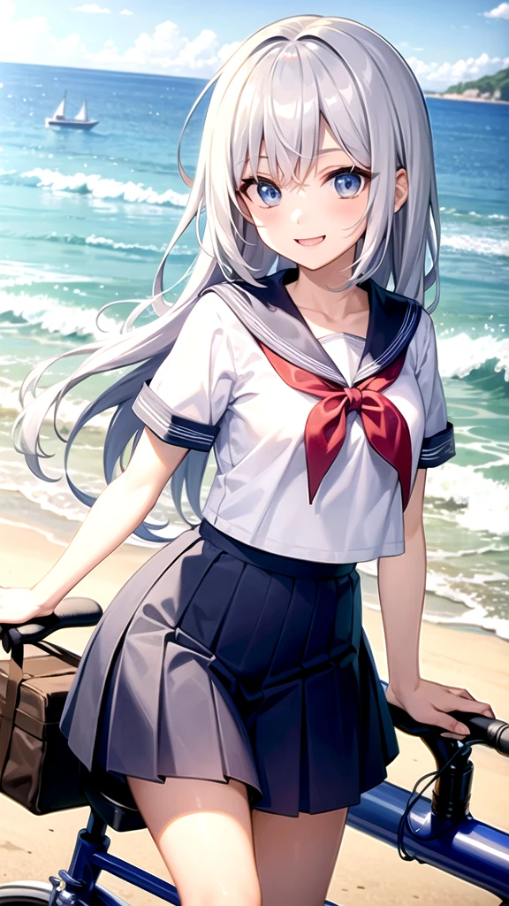 Long silver hair high school girl、Blue eyes、Sailor suit、Going to school、Riding a bike、Seaside、smile