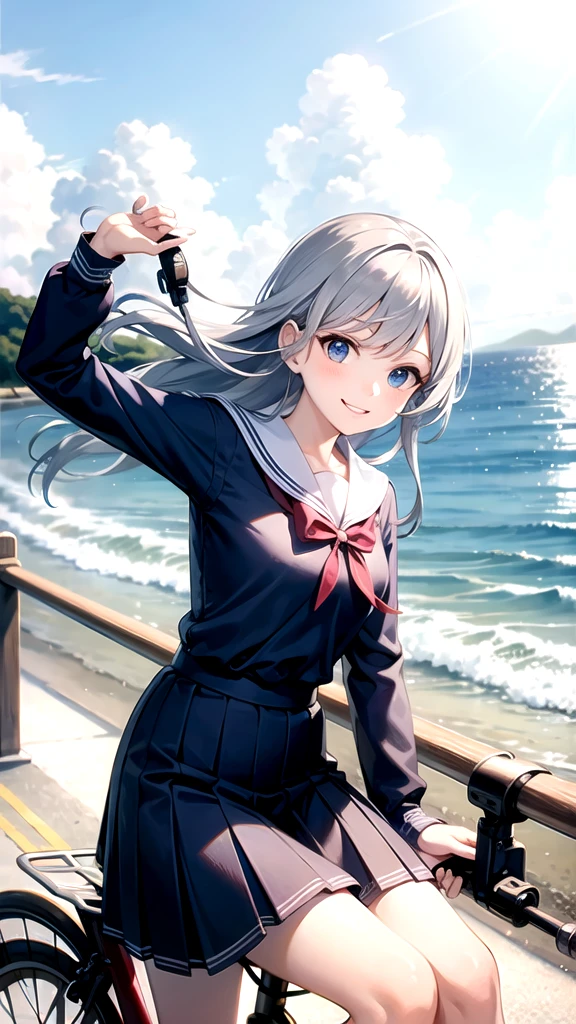 Long silver hair high school girl、Blue eyes、Sailor suit、Going to school、Riding a bike、Seaside、smile